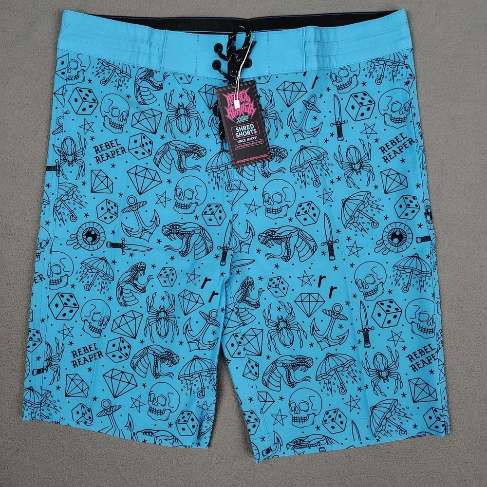 Rebel Reaper Boardshorts Swim Trunks Men 3XL Blue Shorts Tattoo Print Biker NEW